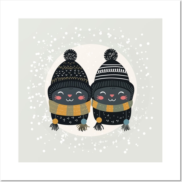 Vector Illustration - Christmas Scene with Two Cute and Funny Kittens in Patterned Hats and Scarves on a Snowy Background. Wall Art by Art KateDav